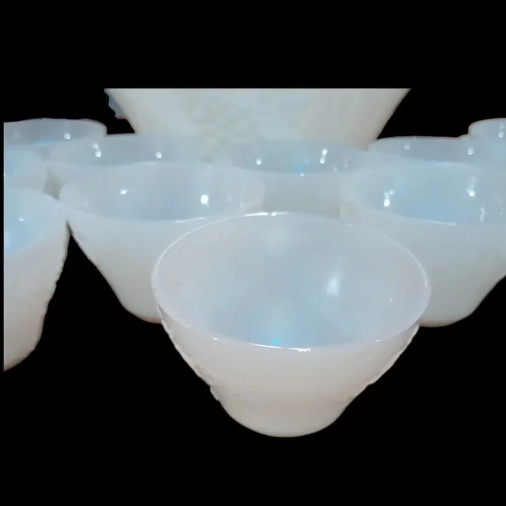 Anchor Hocking Milk Glass Harvest Grape Punch Bowl w/ 12 Matching Cups & Hooks